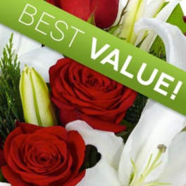 Red roses and white lilies with a green "BEST VALUE!" banner