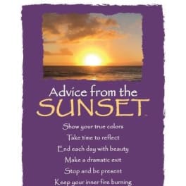 Purple inspirational poster with a sunset photo and advice text in white and yellow