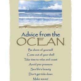 Beige inspirational wall print with ocean scene at top and blue advice text below.