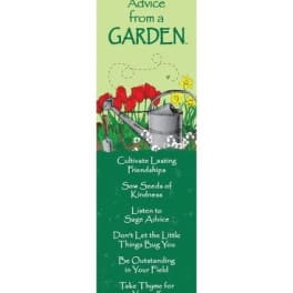 Tall green bookmark with garden illustration, red and yellow flowers, and advice-themed text.