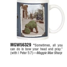 White ceramic mug with vintage-style photo of a child kneeling on a sidewalk and religious text.