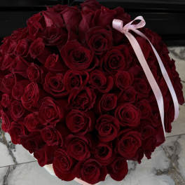 Large bouquet of deep red roses tied with a pale pink ribbon