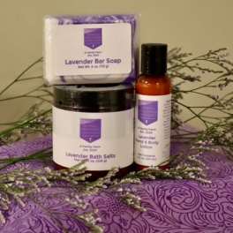 Lavender bath gift set with soap, bath salts, and lotion
