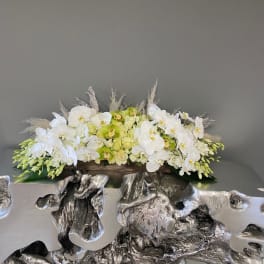 White orchids and pale green flowers arranged in a low centerpiece