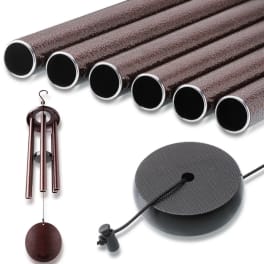 Set of burgundy metal wind chimes with a round black striker