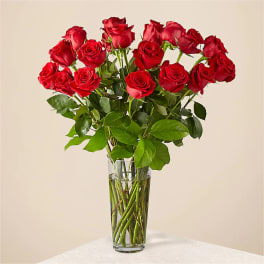 Red roses arranged in a clear glass vase