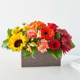 Mixed bouquet in a rectangular wooden box with sunflowers, roses, and mums