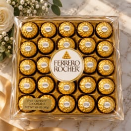Box of Ferrero Rocher chocolates beside white flowers