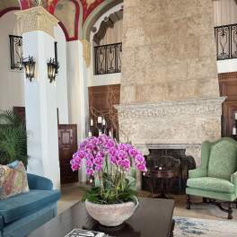 Pink orchid arrangement in a stone bowl on a coffee table