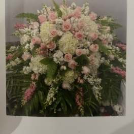 Large pink and white floral spray with roses and hydrangeas