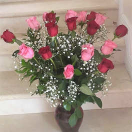 24 Roses Red and Pink long stem arranged in a vase.