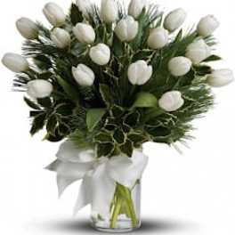 10 White Tulips With Pine Standard.