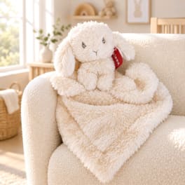 Plush white bunny toy sitting on a cream chair with a blanket