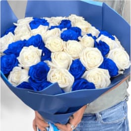 Bouquet of blue and white roses wrapped in blue paper