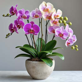 Potted orchid arrangement with pink and white blooms in a ceramic planter