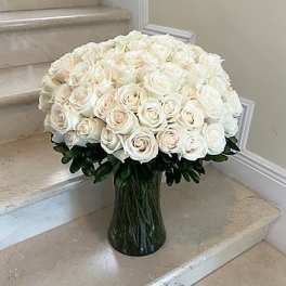 50 White roses arranged Round in a vase
