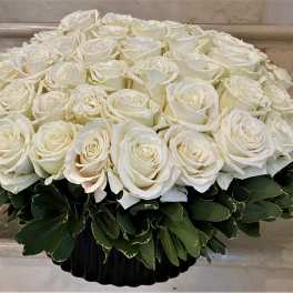 125 White Roses arranged in a glass or ceramic vase