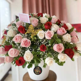 Large bouquet of pink, red, and white roses in a white vase