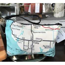 Map-print zip pouch with a black wrist strap