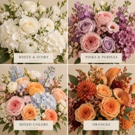 Four floral arrangements in white, pink-purple, mixed pastel, and orange tones.