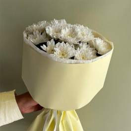 Bouquet of white chrysanthemums wrapped in pale yellow paper