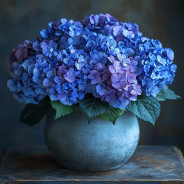 Blue and purple hydrangeas arranged in a round ceramic vase