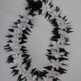 White orchid lei with dark green leaves on a light surface