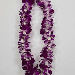 Two purple orchid leis on a white background