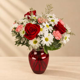 Bouquet of red roses, white daisies, and pink carnations in a red glass vase