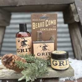 Beard grooming gift set with lotion, soap, comb, and balm in rustic packaging