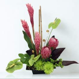 Pink tropical flowers arranged in a black container with green accents