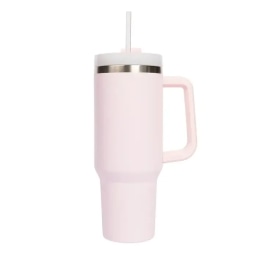 Light pink insulated tumbler with a handle and straw lid