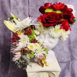Lovely Lady in Holiday Hat with Bouquet