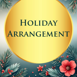 Holiday arrangement graphic with coral flowers and pine branches around a gold circle