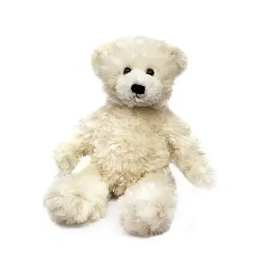Cream-colored teddy bear sitting on a white background
