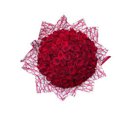 Large bouquet of red roses wrapped in patterned paper