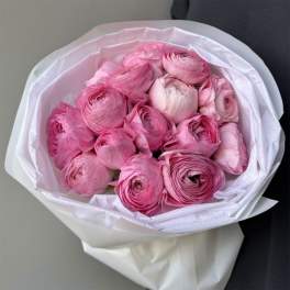 Bouquet of pink ranunculus wrapped in white paper