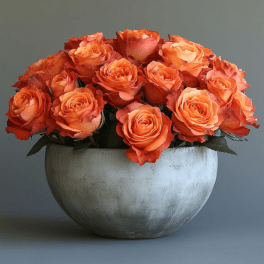 Orange roses arranged in a round silver bowl vase