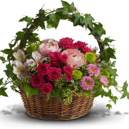 Basket of pink and white flowers with ivy arching over the top