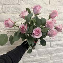 Bouquet of light pink roses with eucalyptus greenery