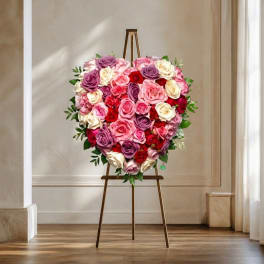 Heart-shaped rose arrangement on a wooden easel