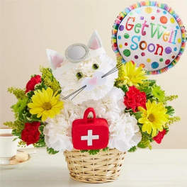 White cat-shaped flower basket with a Get Well Soon balloon