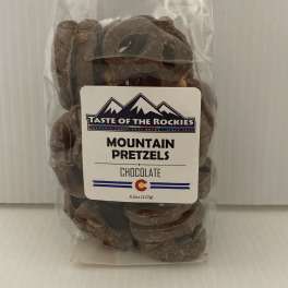 Bag of chocolate-covered pretzels with a product label
