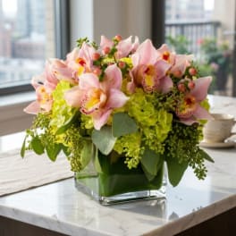 Pink orchids and green hydrangeas in a square glass vase