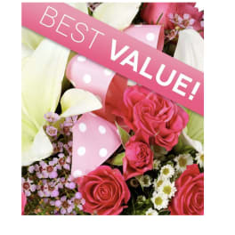 Pink roses and white flowers with a "BEST VALUE!" ribbon