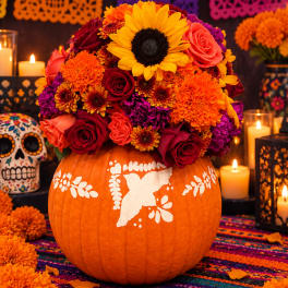 Floral arrangement in a painted pumpkin with candles and a skull decoration nearby