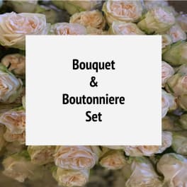 Background of blush roses with centered text reading Bouquet and Boutonniere Set