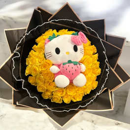 Yellow rose bouquet with a Hello Kitty plush in the center