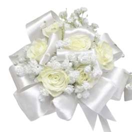 White rose bouquet with baby's breath and satin ribbon wrap