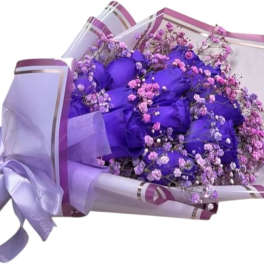 Bouquet of purple roses with pink baby's breath in lavender wrap